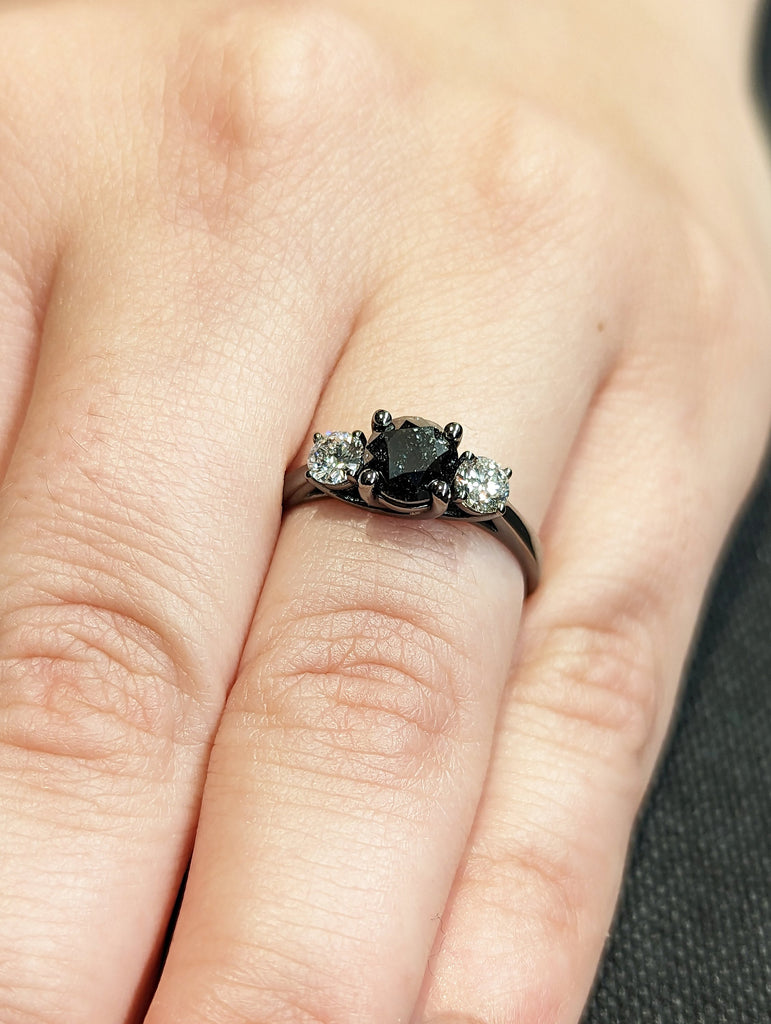 Three Stone Engagement Ring 14K/18k Black Gold Bridal, Past Present Future Ring, Diamond Engagement Ring, Three stone Diamond Ring