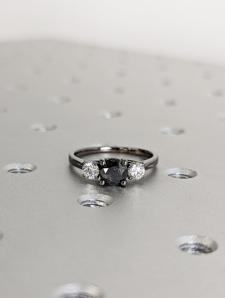 Three Stone Engagement Ring 14K/18k Black Gold Bridal, Past Present Future Ring, Diamond Engagement Ring, Three stone Diamond Ring