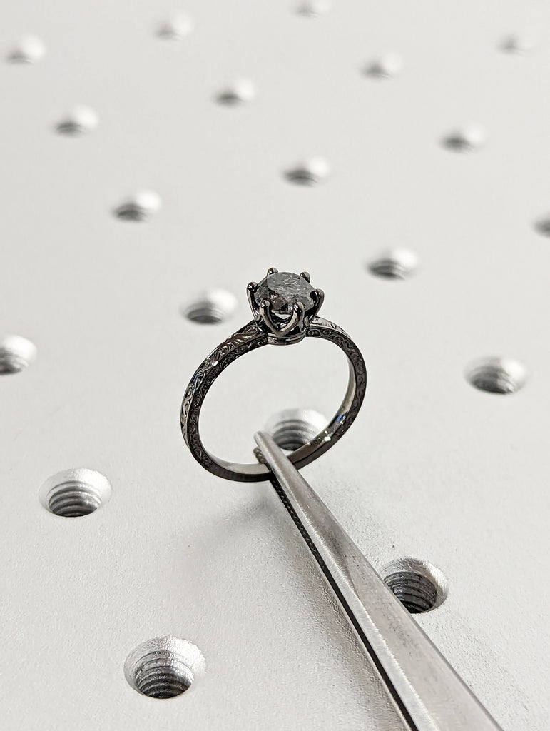 Raw Salt and Pepper Diamond Black/Rose /White /Yellow Gold Engagement Ring Art Deco 1920's Inspired Thin Petite Band 18k Unique Ring for Her