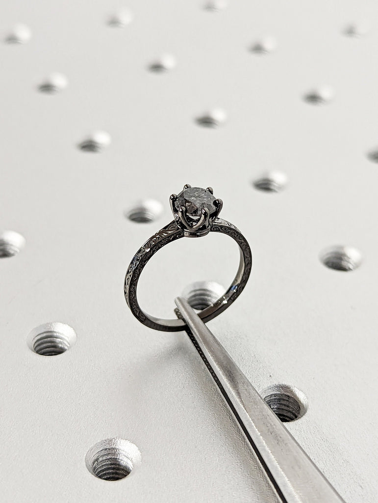 Raw Salt and Pepper Diamond Black/Rose /White /Yellow Gold Engagement Ring Art Deco 1920's Inspired Thin Petite Band 18k Unique Ring for Her