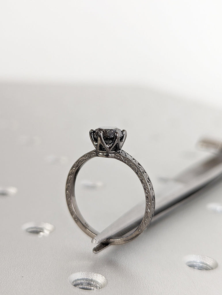 Raw Salt and Pepper Diamond Black/Rose /White /Yellow Gold Engagement Ring Art Deco 1920's Inspired Thin Petite Band 18k Unique Ring for Her