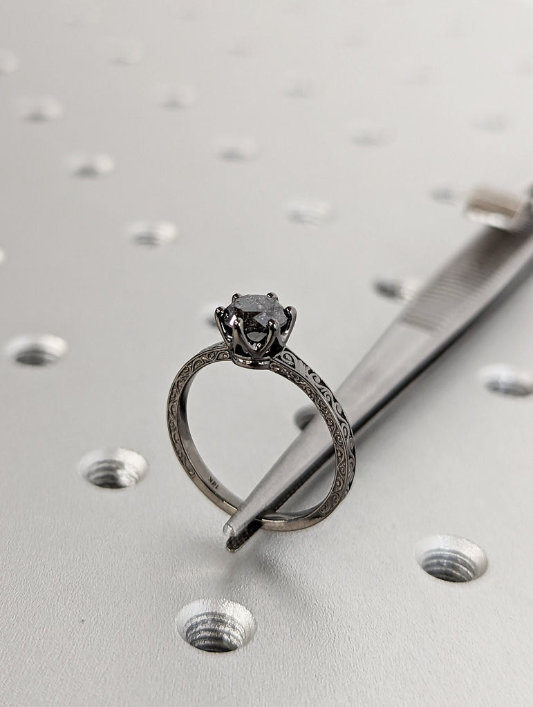 Raw Salt and Pepper Diamond Black/Rose /White /Yellow Gold Engagement Ring Art Deco 1920's Inspired Thin Petite Band 18k Unique Ring for Her