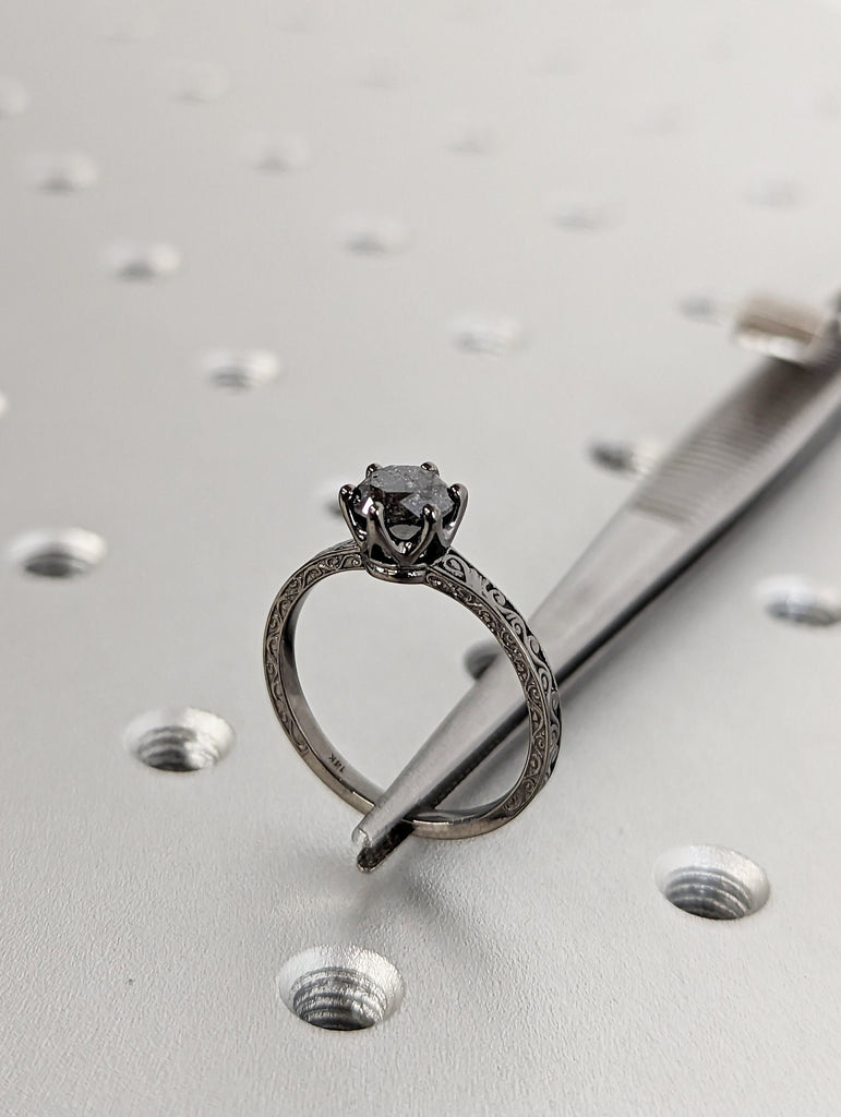 Raw Salt and Pepper Diamond Black/Rose /White /Yellow Gold Engagement Ring Art Deco 1920's Inspired Thin Petite Band 18k Unique Ring for Her