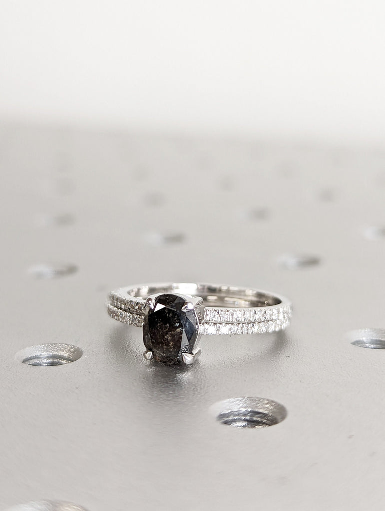 1920's Raw Salt and Pepper Diamond, Oval Diamond Ring, Unique Engagement Bridal Set, Black, Gray Oval, 14k Yellow, Rose, or White Gold