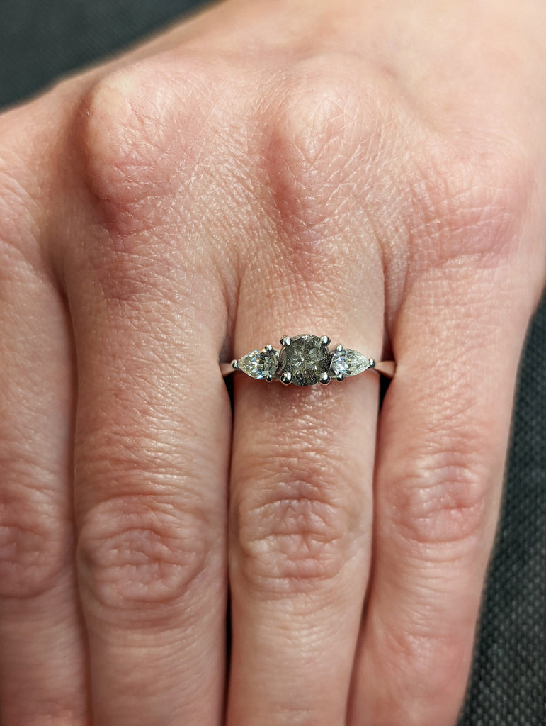 Vintage Salt and Pepper Diamond Engagement Ring White Gold Antique Round Pear cut ring Bridal Diamond Art deco Wedding Ring Anniversary ring