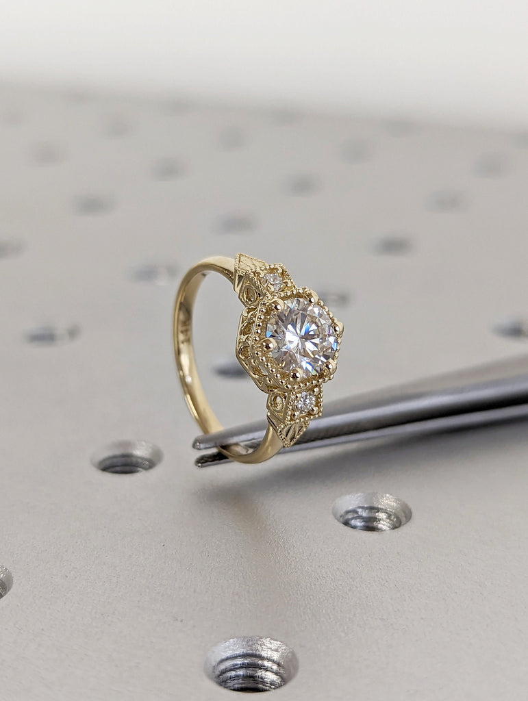 Vintage moissanite engagement ring 14k white gold diamond Art deco wedding ring diamond Vintage Filigree Ring engagement anniversary promise