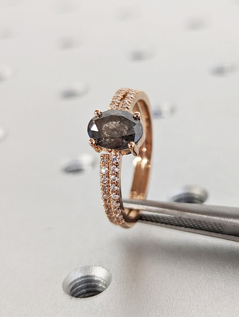 1920's Raw Salt and Pepper Diamond, Oval Diamond Ring, Unique Engagement Bridal Set, Black, Gray Oval, 14k Yellow, White, Black, Rose Gold