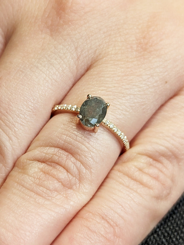 1920's Raw Salt and Pepper Diamond, Oval Diamond Ring, Unique Engagement Bridal Set, Black, Gray Oval, 14k Yellow, White, Black, Rose Gold