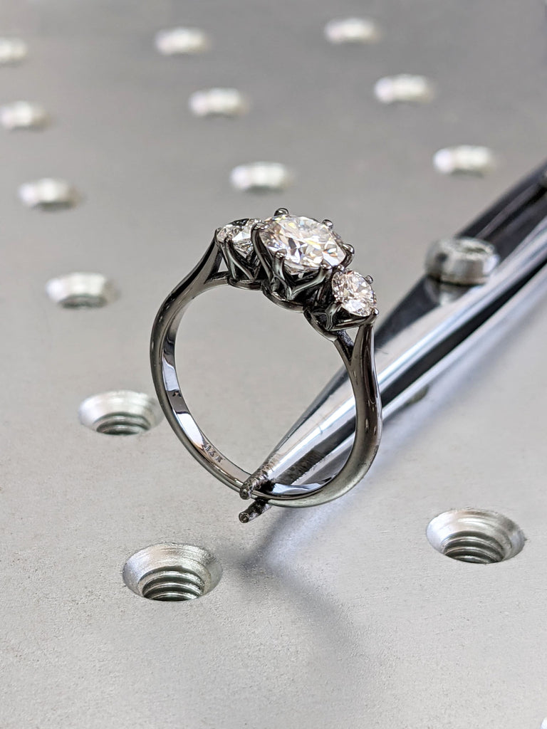 14K Black Gold Three Stone Moissanite Engagement Ring, three stone ring, Anniversary gift for her, White Moissanite Diamond Engagement Ring