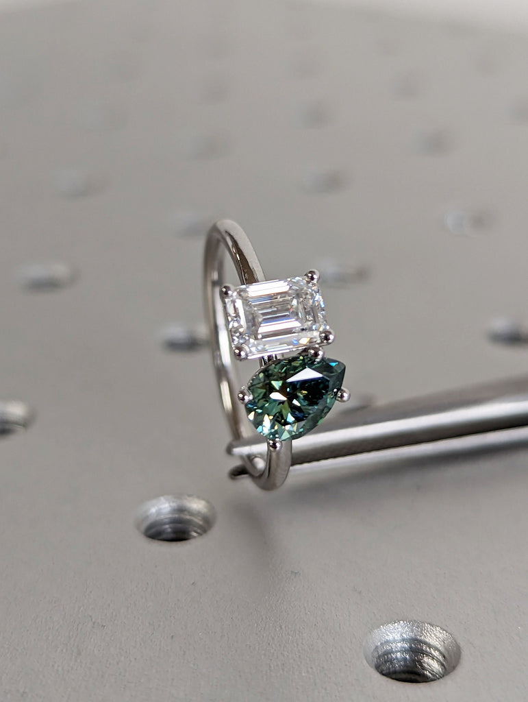 Pear And Emerald Cut Toi Et Moi Moissanite Ring / Green Pear Moissanite Engagement Ring / White Gold Anniversary Ring / Two Stone Ring