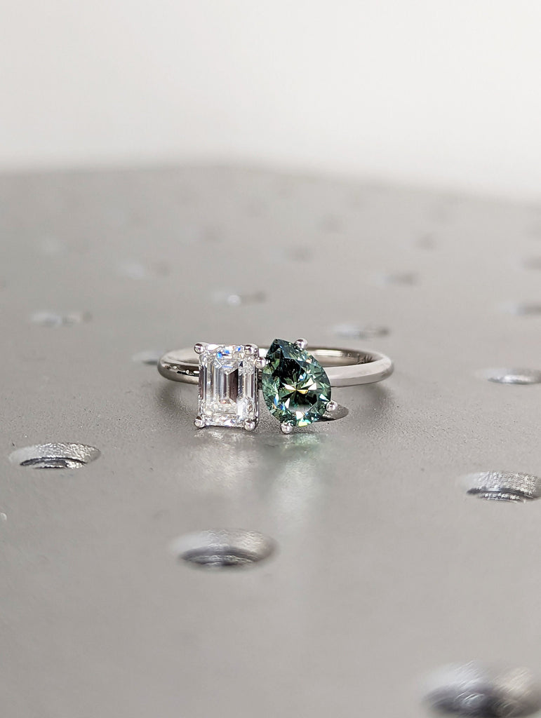 Pear And Emerald Cut Toi Et Moi Moissanite Ring / Green Pear Moissanite Engagement Ring / White Gold Anniversary Ring / Two Stone Ring