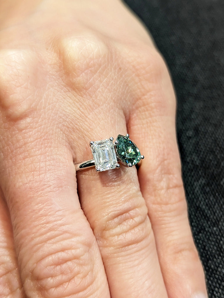 Pear And Emerald Cut Toi Et Moi Moissanite Ring / Green Pear Moissanite Engagement Ring / White Gold Anniversary Ring / Two Stone Ring