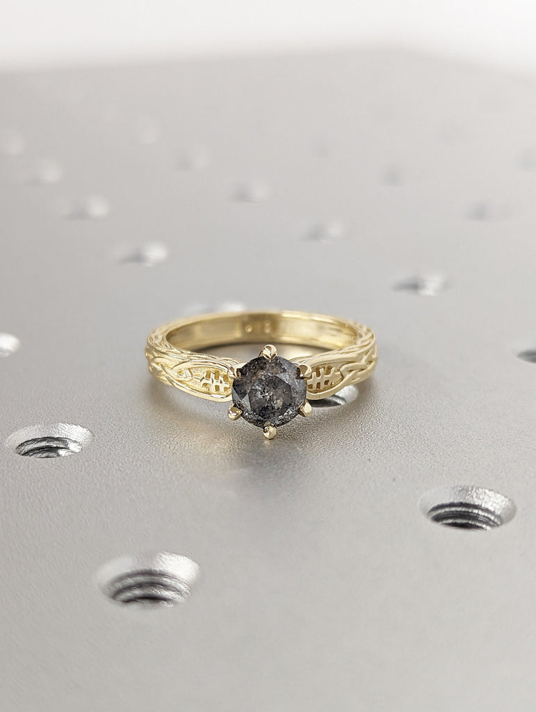 Unique Round Diamond Vintage Celtic Engagement Bridal Ring, Salt And Pepper Diamond Round Cut, Twisted Celtic Engagement Ring Celtic Knot