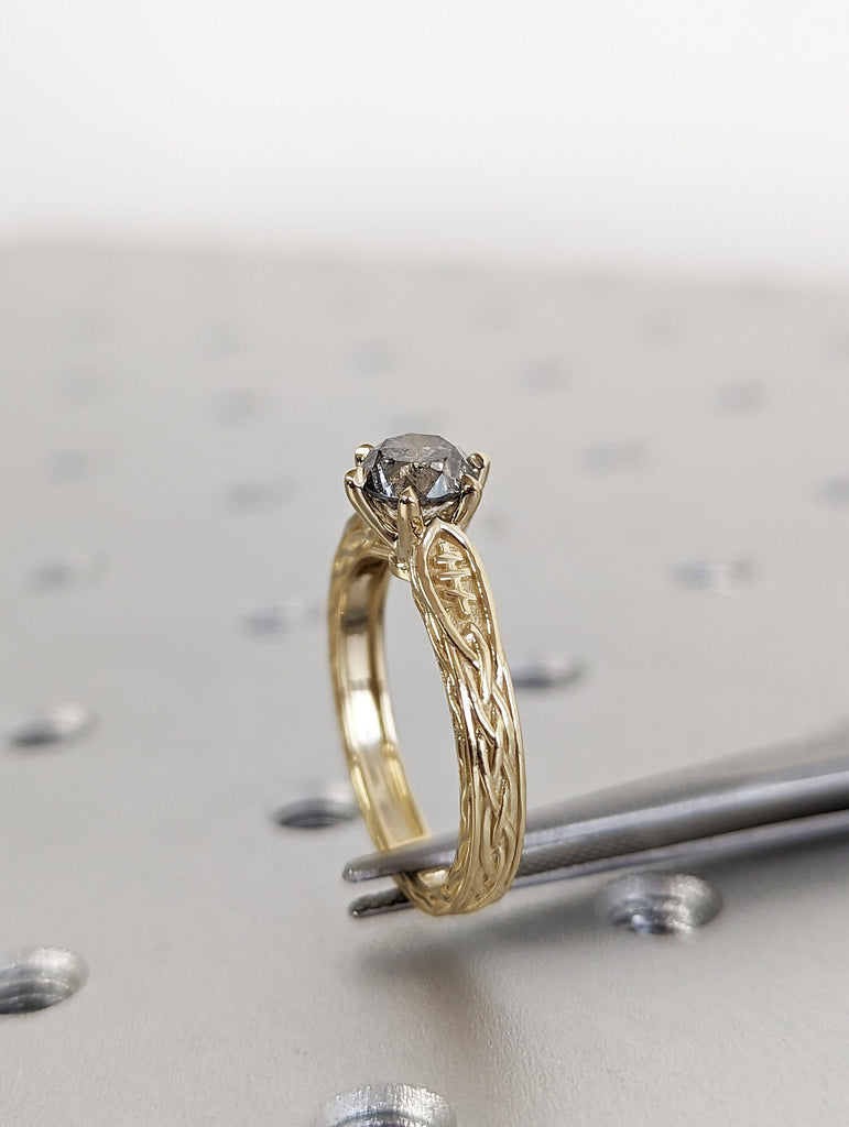 Unique Round Diamond Vintage Celtic Engagement Bridal Ring, Salt And Pepper Diamond Round Cut, Twisted Celtic Engagement Ring Celtic Knot