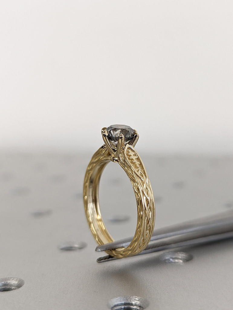 Unique Round Diamond Vintage Celtic Engagement Bridal Ring, Salt And Pepper Diamond Round Cut, Twisted Celtic Engagement Ring Celtic Knot