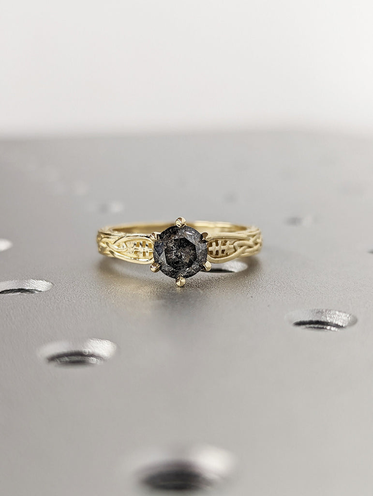 Unique Round Diamond Vintage Celtic Engagement Bridal Ring, Salt And Pepper Diamond Round Cut, Twisted Celtic Engagement Ring Celtic Knot