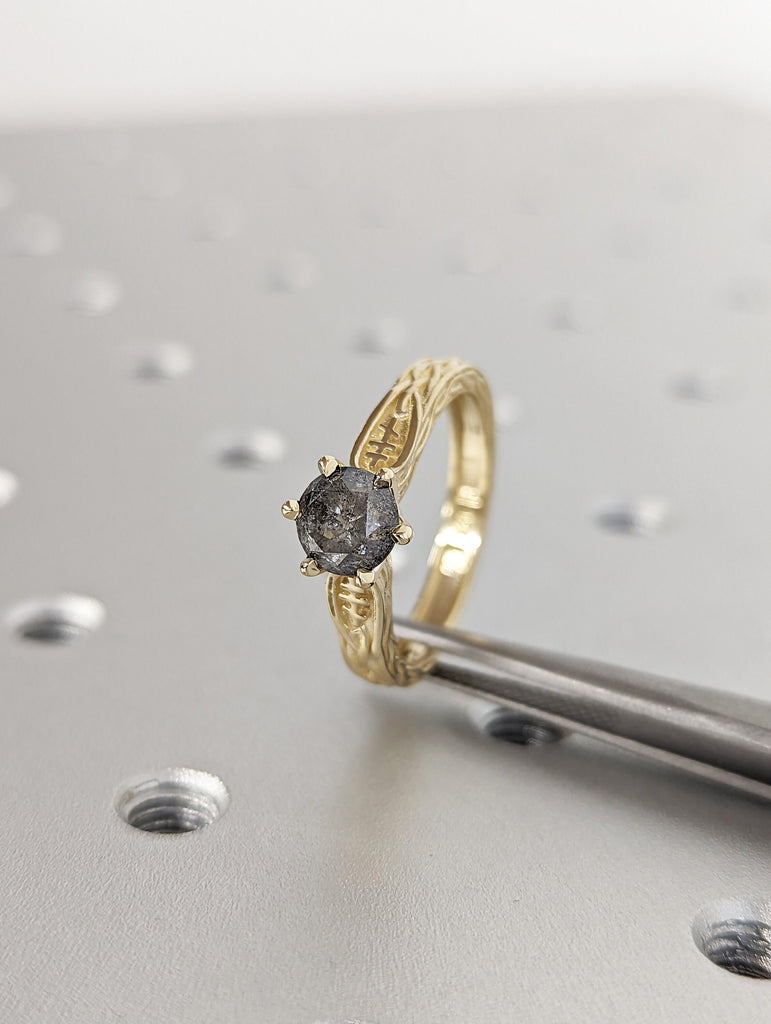 Unique Round Diamond Vintage Celtic Engagement Bridal Ring, Salt And Pepper Diamond Round Cut, Twisted Celtic Engagement Ring Celtic Knot