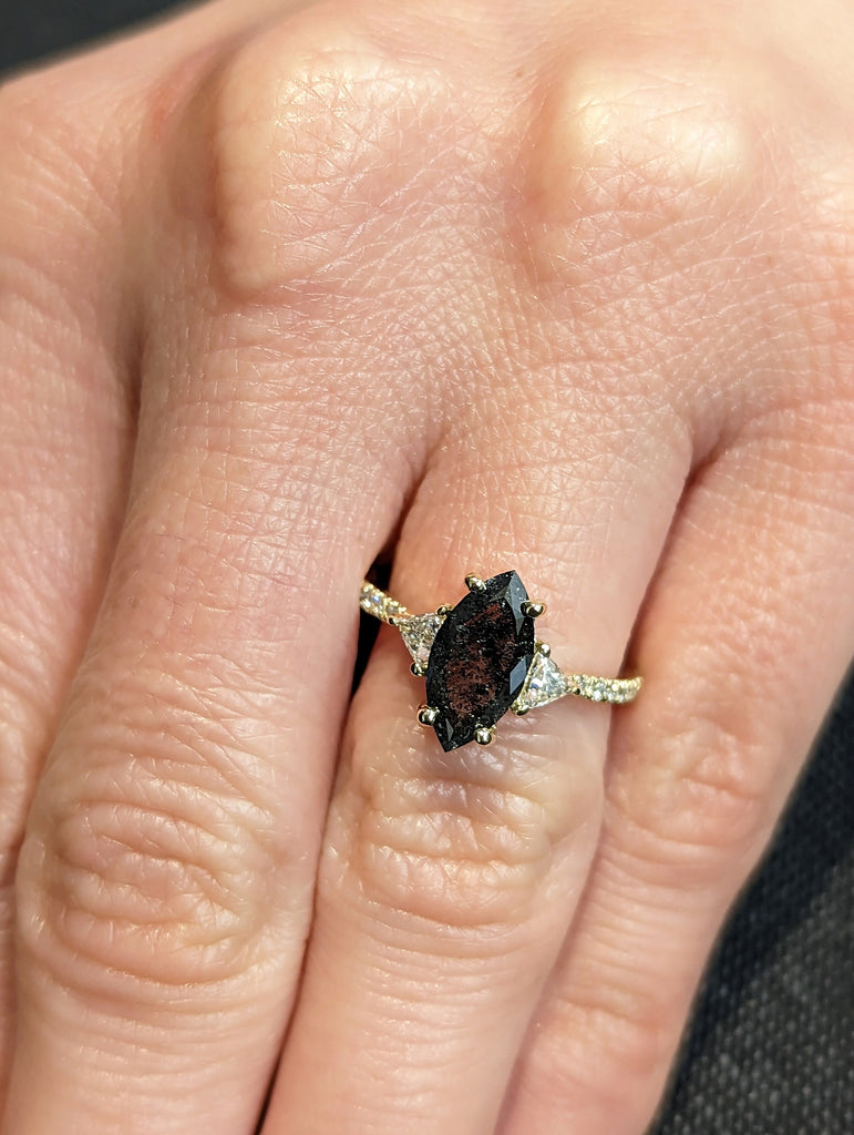 Raw Diamond Marquise Triangle Diamond, Salt and Pepper, Unique Engagement Ring, Rose Cut Geometric Diamond Ring, 14k Gold, Custom Handmade