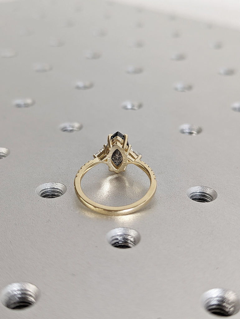 Raw Diamond Marquise Triangle Diamond, Salt and Pepper, Unique Engagement Ring, Rose Cut Geometric Diamond Ring, 14k Gold, Custom Handmade
