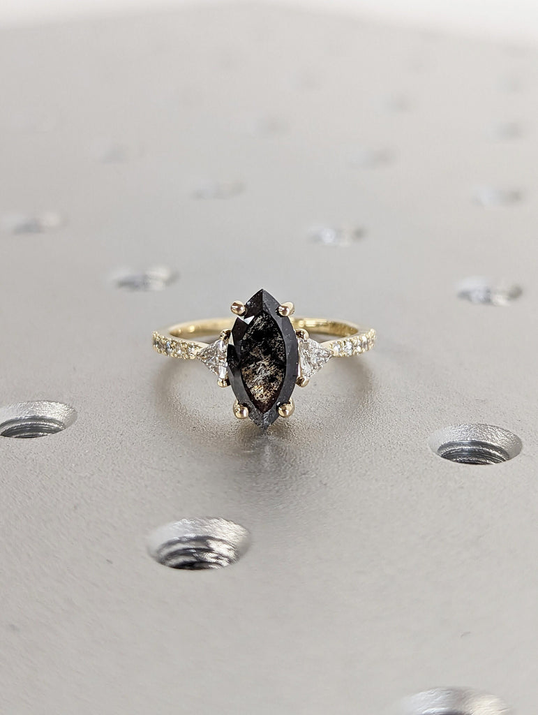 Raw Diamond Marquise Triangle Diamond, Salt and Pepper, Unique Engagement Ring, Rose Cut Geometric Diamond Ring, 14k Gold, Custom Handmade
