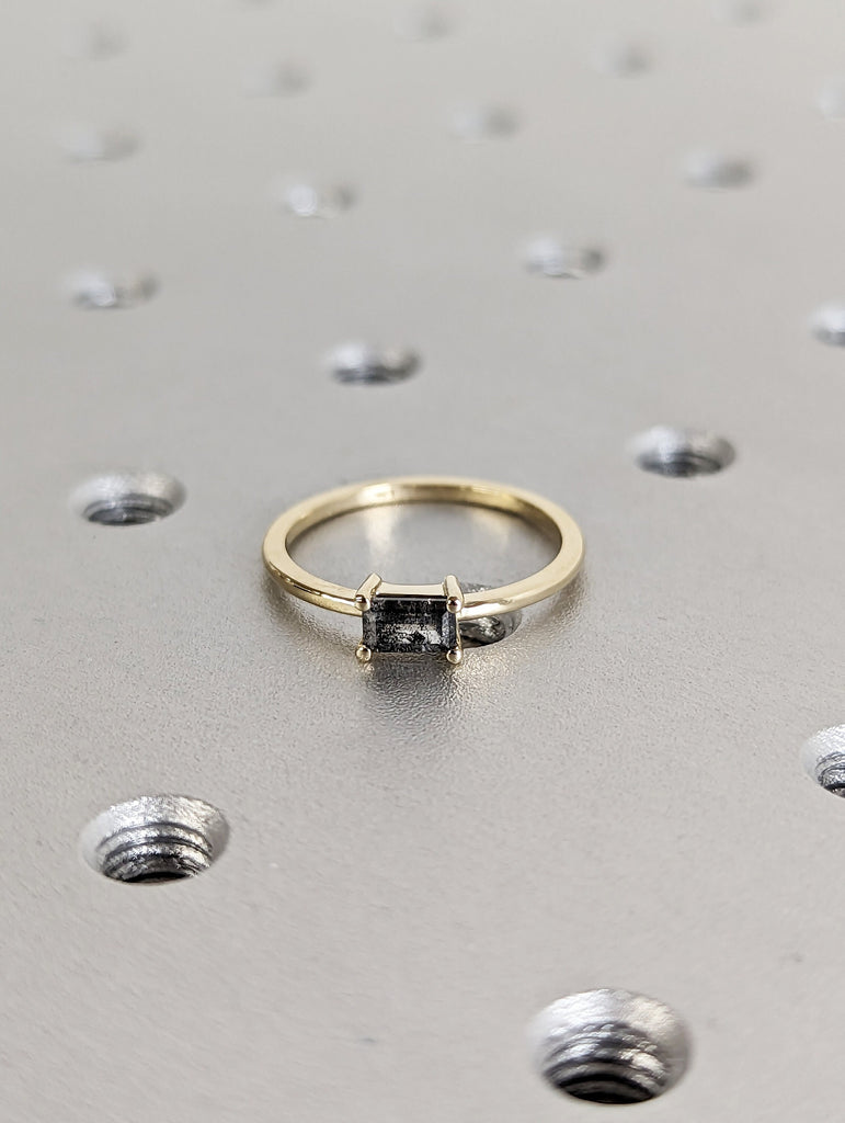 Solitaire Emerald Baguette Raw Salt and Pepper Diamond Gold Engagement Ring Art Deco 1920s Inspired Thin Petite Band 14k Unique Ring for Her