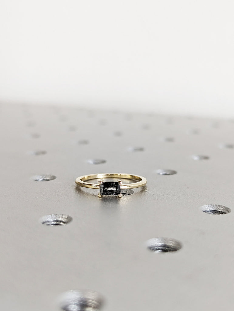 Solitaire Emerald Baguette Raw Salt and Pepper Diamond Gold Engagement Ring Art Deco 1920s Inspired Thin Petite Band 14k Unique Ring for Her
