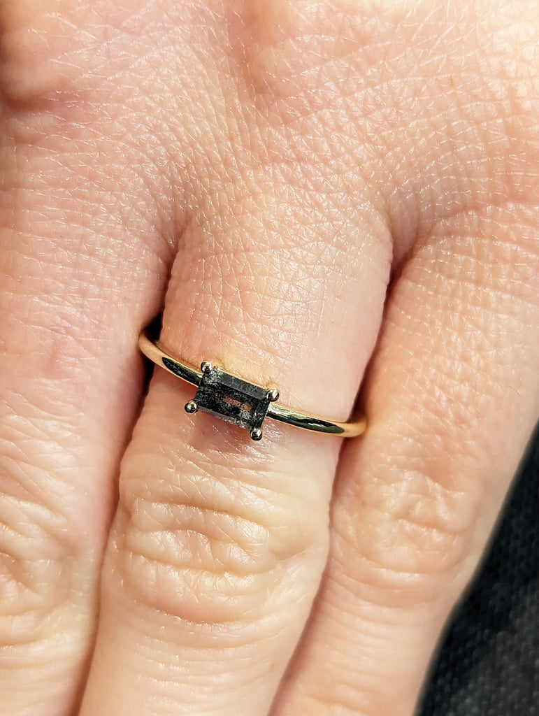Solitaire Emerald Baguette Raw Salt and Pepper Diamond Gold Engagement Ring Art Deco 1920s Inspired Thin Petite Band 14k Unique Ring for Her