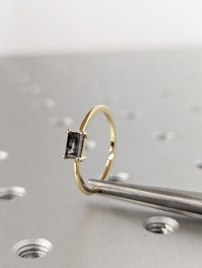 Solitaire Emerald Baguette Raw Salt and Pepper Diamond Gold Engagement Ring Art Deco 1920s Inspired Thin Petite Band 14k Unique Ring for Her