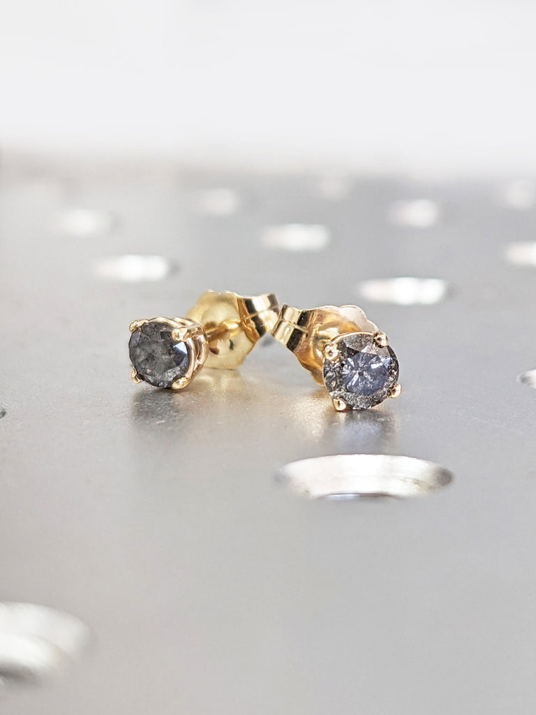 0.5CT Salt And Pepper Diamond Earring Studs, Minimalist Diamond Earring Stud, Round Cut Diamond Earring Pair, 14K Solid Yellow Gold Earrings