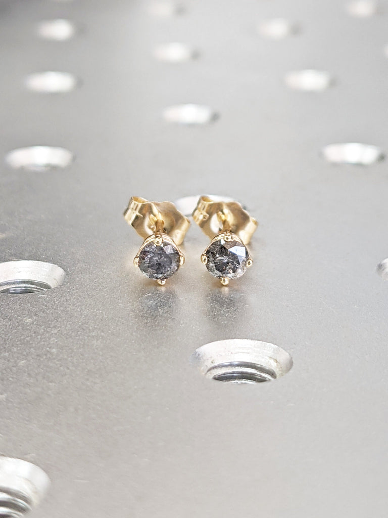 0.5CT Salt And Pepper Diamond Earring Studs, Minimalist Diamond Earring Stud, Round Cut Diamond Earring Pair, 14K Solid Yellow Gold Earrings