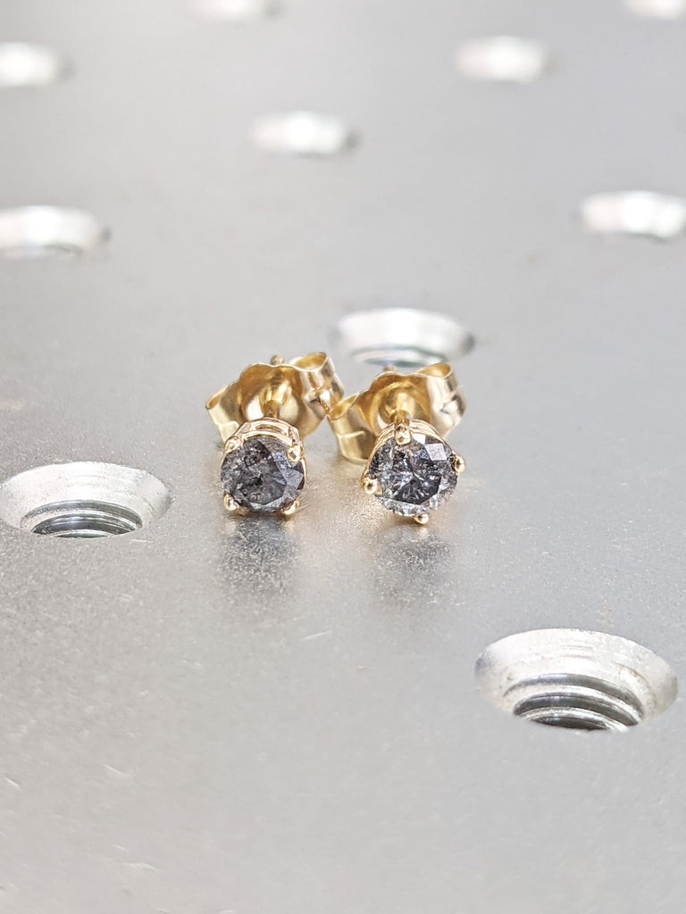 0.5CT Salt And Pepper Diamond Earring Studs, Minimalist Diamond Earring Stud, Round Cut Diamond Earring Pair, 14K Solid Yellow Gold Earrings