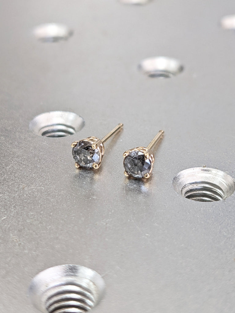 0.5CT Salt And Pepper Diamond Earring Studs, Minimalist Diamond Earring Stud, Round Cut Diamond Earring Pair, 14K Solid Yellow Gold Earrings