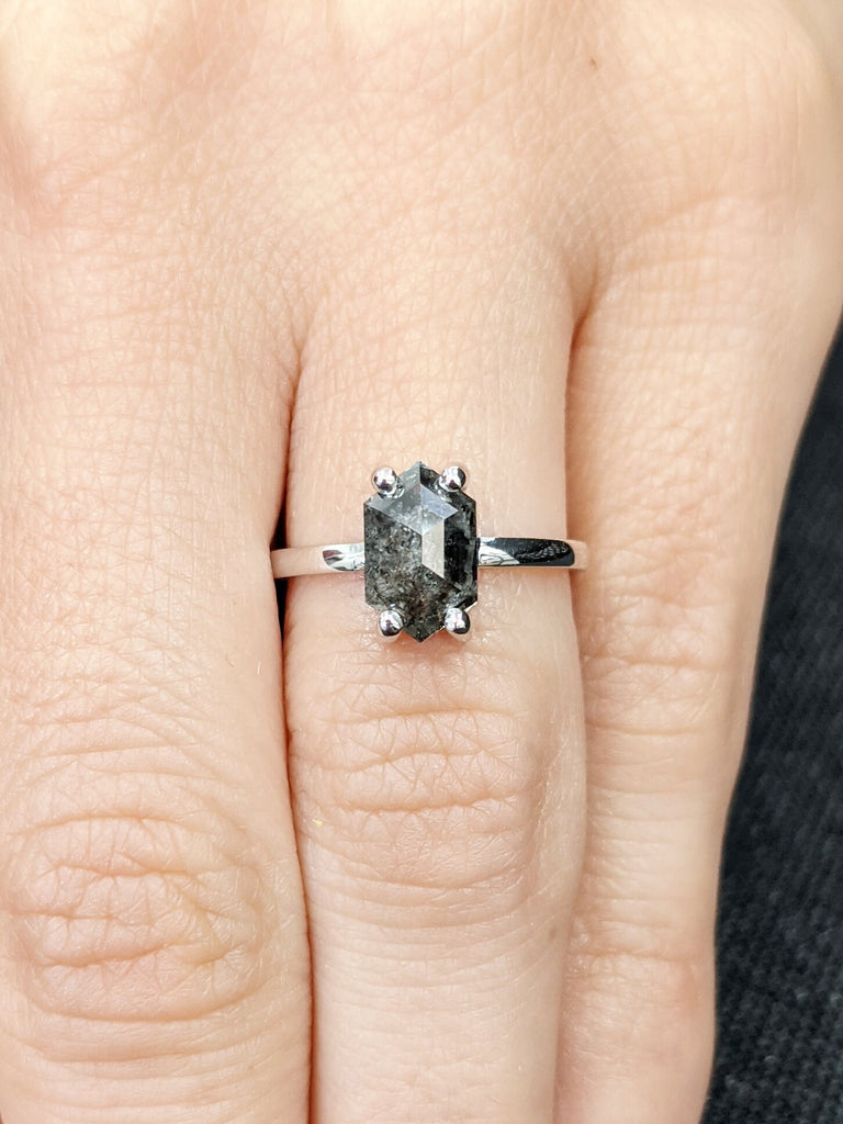 Raw Diamond, Salt and Pepper, Hexagon, Unique Engagement Ring, Rose Cut Geometric Diamond Ring, 14k Gold, 18K White Gold, Custom Handmade