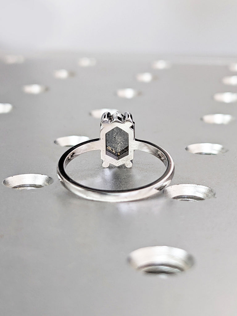 Raw Diamond, Salt and Pepper, Hexagon, Unique Engagement Ring, Rose Cut Geometric Diamond Ring, 14k Gold, 18K White Gold, Custom Handmade