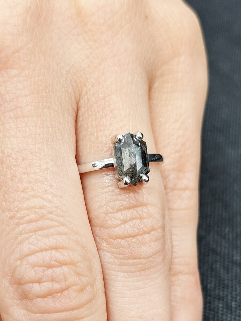 Raw Diamond, Salt and Pepper, Hexagon, Unique Engagement Ring, Rose Cut Geometric Diamond Ring, 14k Gold, 18K White Gold, Custom Handmade