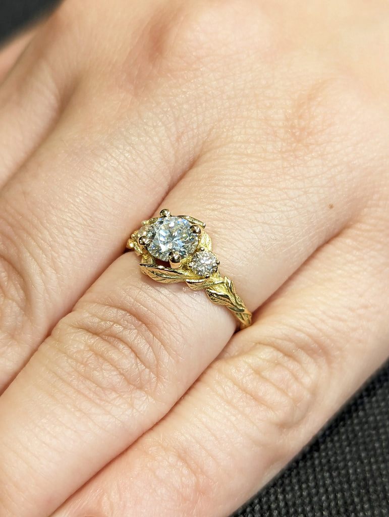 Nature Inspired Moissanite Engagement Ring Leaves Band Round Moissanite Diamond Wedding Ring Leaf Vine Branch Alternative Engagement Ring