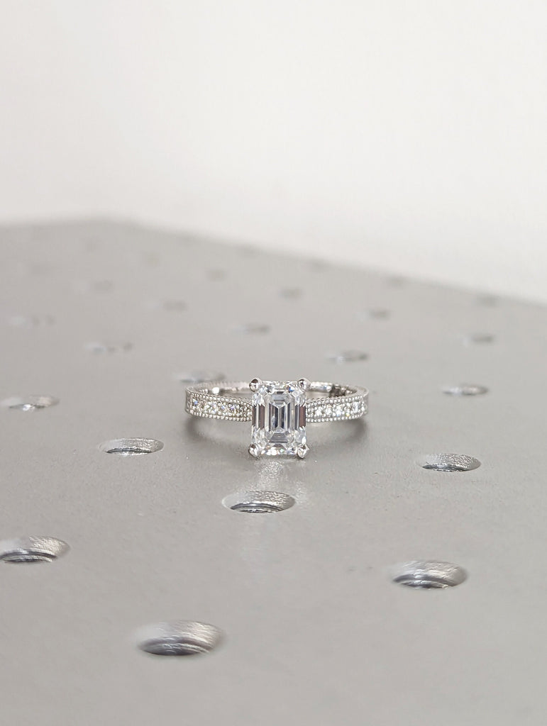 Emerald Cut Solitaire Engagement Ring, Emerald Cut Engagement Ring, Emerald Cut Ring, Solid 14k Moissanite Engagement Ring, Hand Engraving