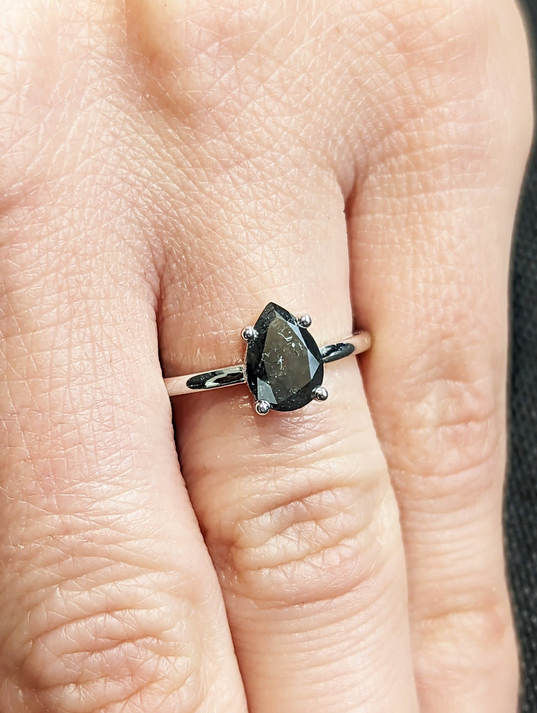 Raw Salt and Pepper Diamond, Rose Cut Pear Diamond Ring, Unique Engagement, Black, Gray Pear, 14k Yellow, Rose, White or Black Gold, Vintage