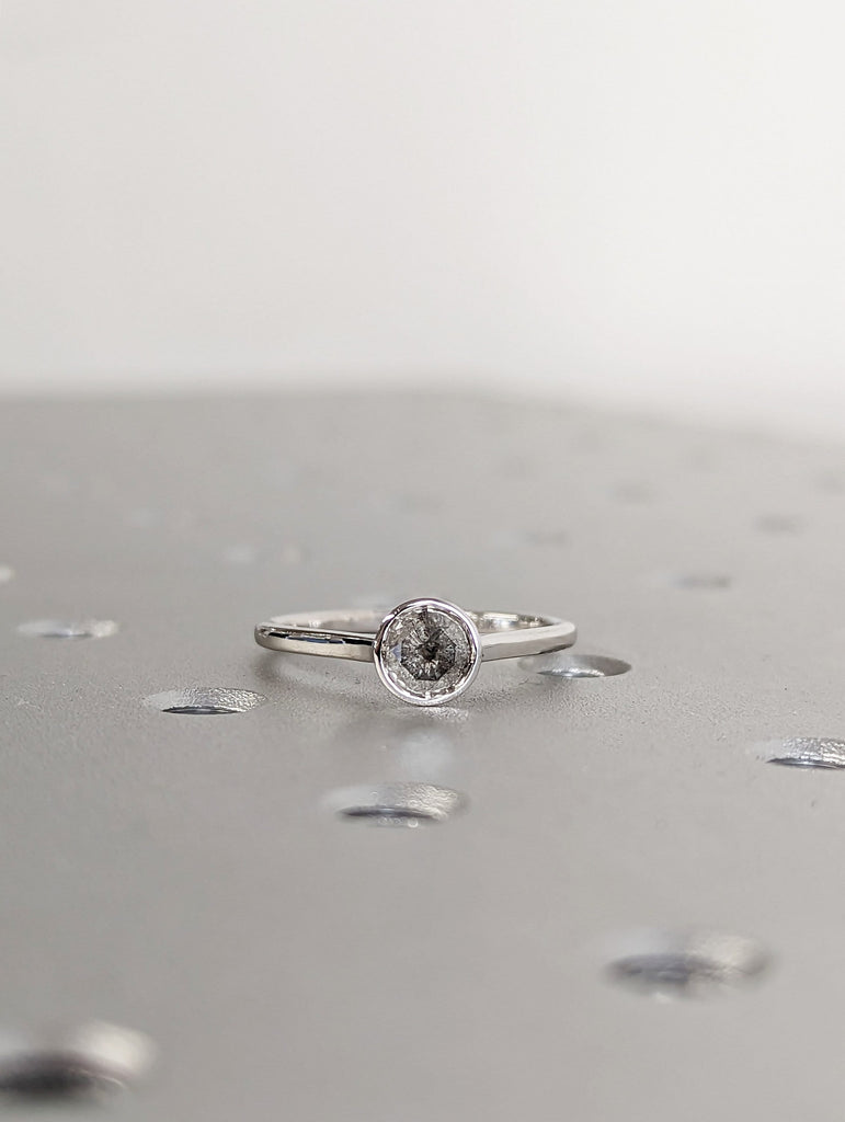 Round Bezel Solitaire Ring Brilliant Cut Galaxy Salt And Pepper Diamond Engagement Ring Dainty Promise Ring Solitaire Bezel Ring