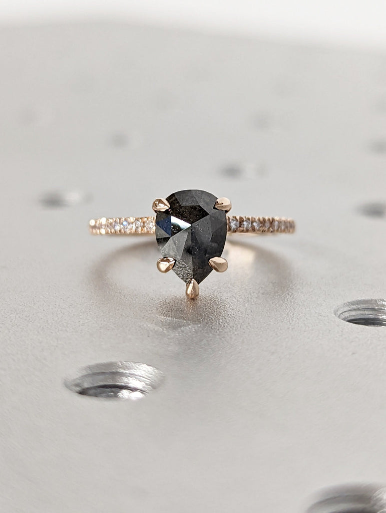 1.5 Carat 1920's Raw Salt and Pepper Diamond, Pear Diamond Ring, Unique Engagement Bridal , Black, Gray Pear 14k Yellow, Rose White Gold