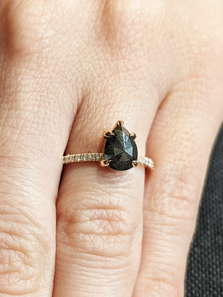 1.5 Carat 1920's Raw Salt and Pepper Diamond, Pear Diamond Ring, Unique Engagement Bridal , Black, Gray Pear 14k Yellow, Rose White Gold