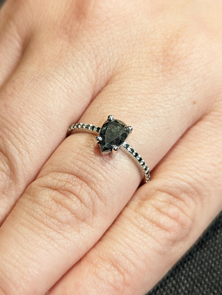 1920's Raw Salt and Pepper Diamond, Pear Diamond Ring, Unique Engagement Bridal Set, Black, Gray Pear, 14k Yellow, Rose, Black or White Gold