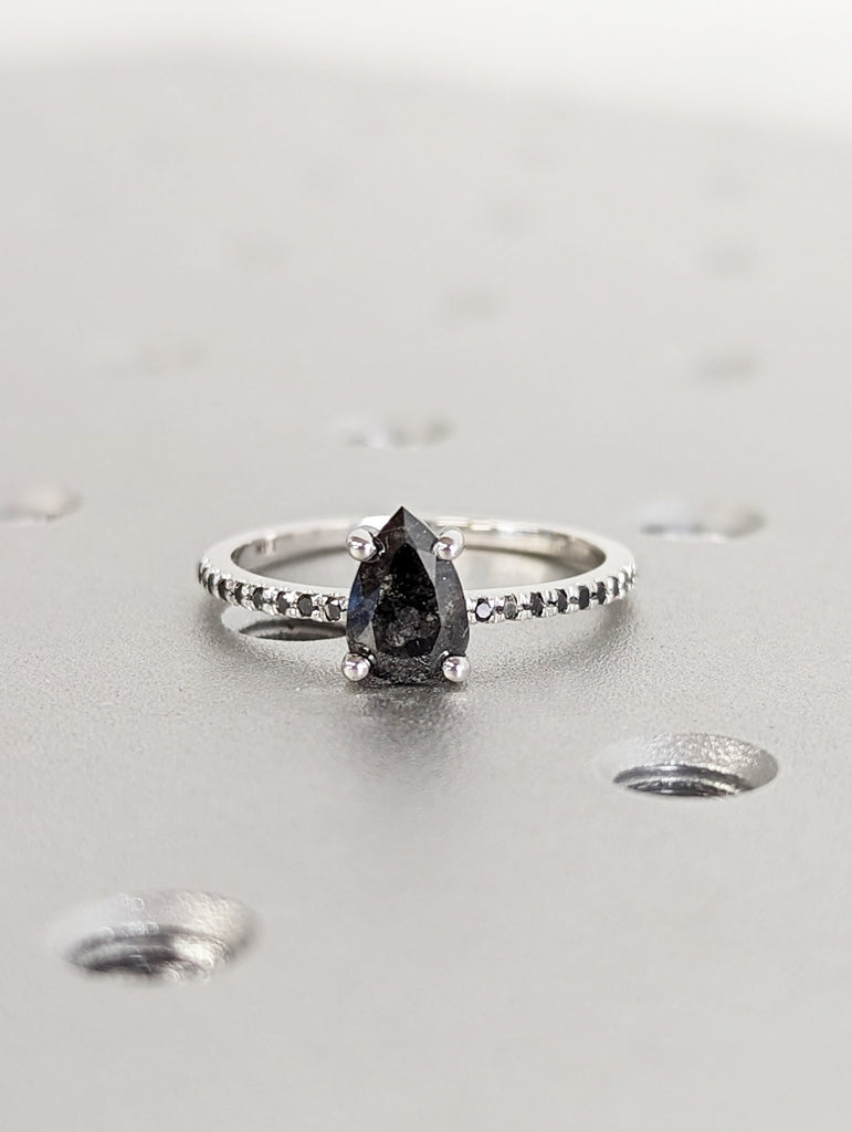 1920's Raw Salt and Pepper Diamond, Pear Diamond Ring, Unique Engagement Bridal Set, Black, Gray Pear, 14k Yellow, Rose, Black or White Gold