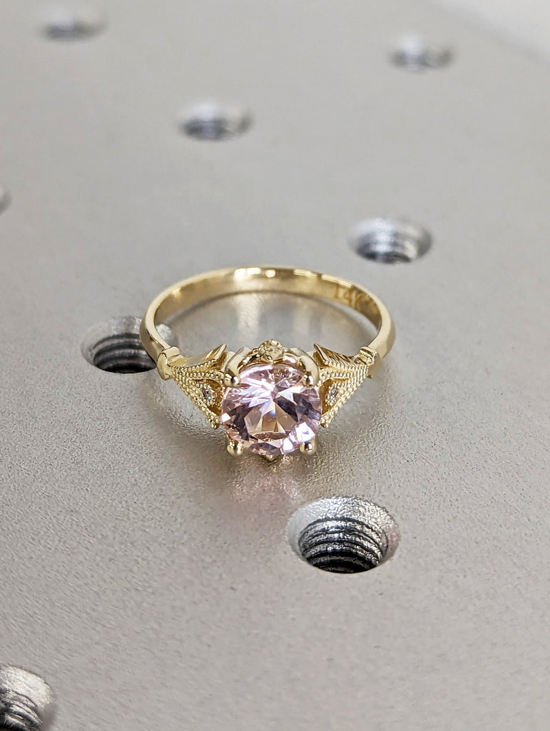 Vintage Engagement Ring Pink Morganite 14k White Gold, Unique Engagement Ring For Women, Art Deco Ring