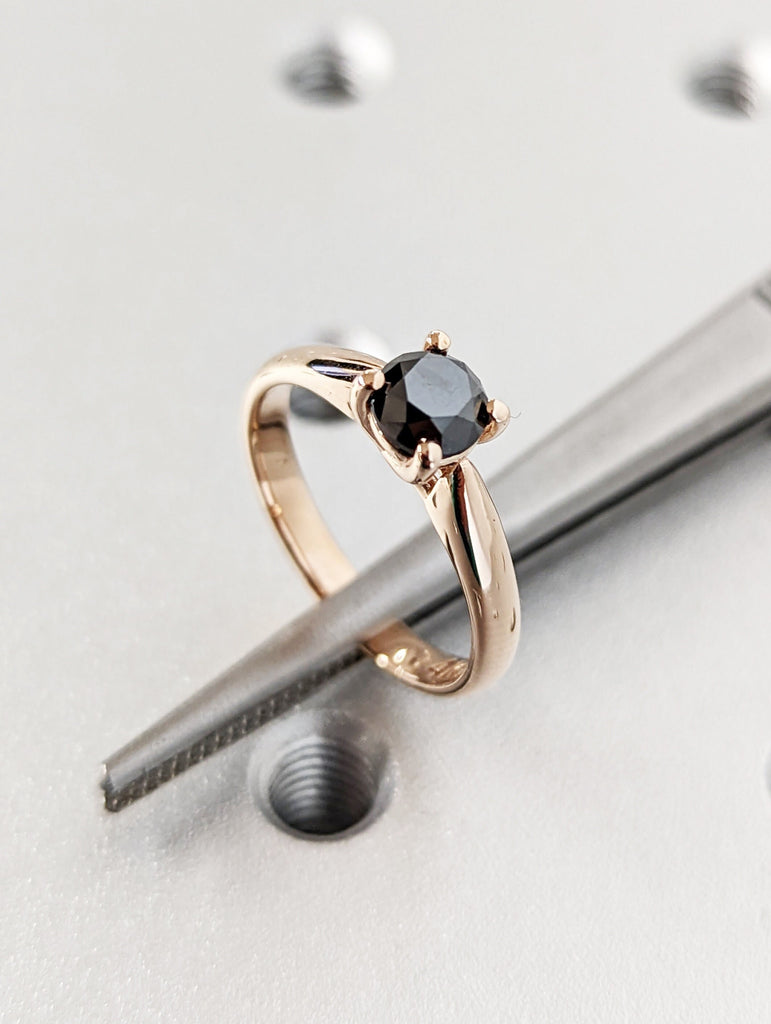 Galaxy Raw Salt and Pepper Diamond Ring- Round Cut Diamond Engagement Ring- Unique Bridal Diamond Promise Ring Rose Gold Simple Promise Ring