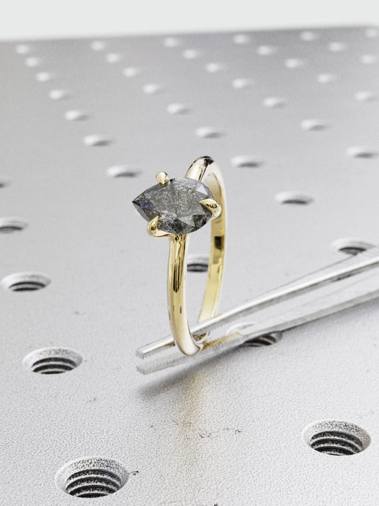 1920's Raw Salt and Pepper Diamond, Rose Cut Pear Diamond Ring, Unique Engagement, Black, Gray Pear, 14k Yellow, Rose, or White Gold