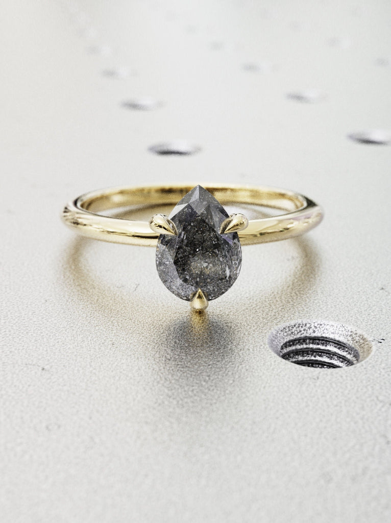 1920's Raw Salt and Pepper Diamond, Rose Cut Pear Diamond Ring, Unique Engagement, Black, Gray Pear, 14k Yellow, Rose, or White Gold