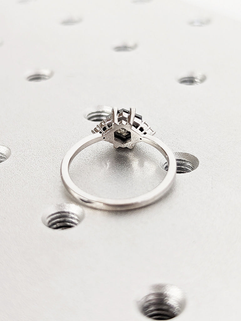 Raw Diamond Hexagon Round Diamond, Salt and Pepper, Unique Engagement Ring, Rose Cut Geometric Diamond Ring, 14k Gold, Custom Handmade