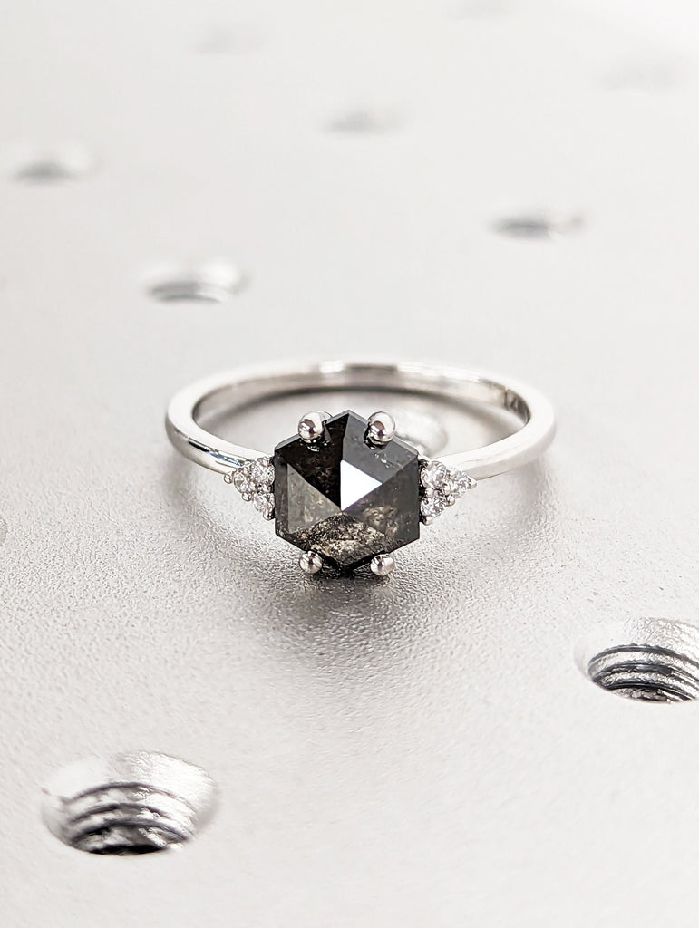 Raw Diamond Hexagon Round Diamond, Salt and Pepper, Unique Engagement Ring, Rose Cut Geometric Diamond Ring, 14k Gold, Custom Handmade