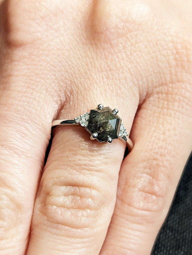 Raw Diamond Hexagon Round Diamond, Salt and Pepper, Unique Engagement Ring, Rose Cut Geometric Diamond Ring, 14k Gold, Custom Handmade